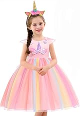 URAQT Unicorn Costume for Girls Pink Yellow 140cm Dress Necklace Headband view 2