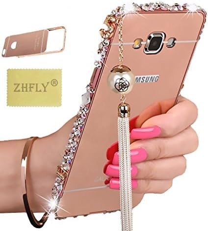 J1 2015 (2-IN-1) Case, Houshine Luxury Handmade Bling Electroplate Mirror Acrylic PC Back Cover Case and Metal Bumper Frame for Samsung Galaxy J1 2015, Rose Gold-Pearl Tassel