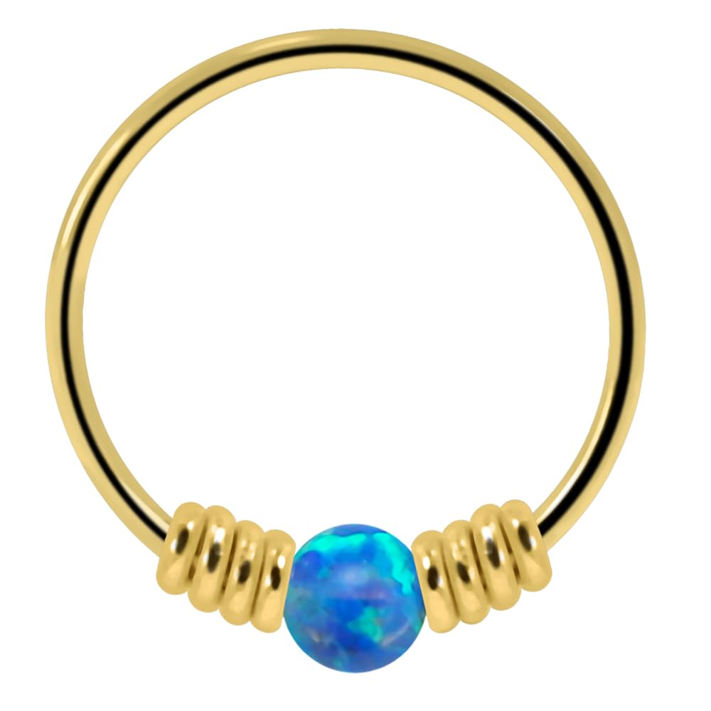 9K Solid Yellow Gold Blue Opal Stone with Double Spring Coil 22 Gauge Hoop Nose Ring Tragus Helix Piercing