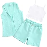 Zylvae Kid Girls 3-Piece Outfit Set Size 4-7 Blazer Jacket, Pearl Decorated Knit Camisole, Shorts with Pearl Decor Clothes