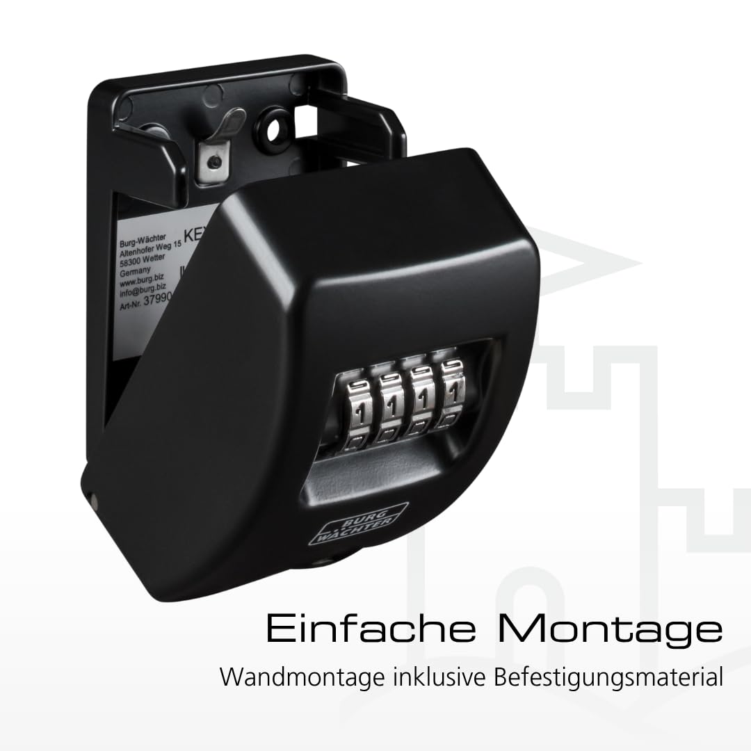 Burg Wächter Schlüsseltresor mit 4-stelligem Zahelncode für außen und innen, Sicher, Wandmontage, Key Safe 10 SB, Schwarz, KeySafe 10, Außen: 85x61x39mm (HxBxT) 5