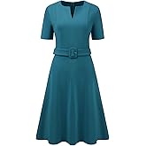Hobemty Women's A-Line Dress Short Sleeve Split Neck Midi Dresses with Belted