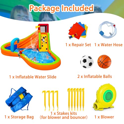 Inflatable Water Slide,6 in 1 Bounce House Outdoor Backyard,Waterslide with Slide,Large Splash Pool,Archway,Sprinkler,Climbing Wall & Water Cannon,480W Blower Included,Backyard Water Park
