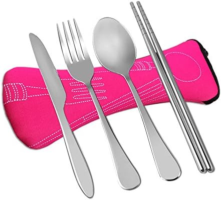 Wayber 4 Pcs Portable Stainless Steel Camping Flatware Set (Knife Fork Spoon Chopsticks) with Lightweight Soft Neoprene Case, Eco-friendly Ideal for Traveling/Party/Business Trip/Office, Rose Pink
