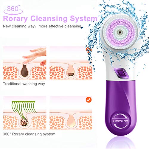 UMICKOO Facial Cleansing Brush with 5 Face Brush Heads,Waterproof Spin Cleansing System and Gentle Exfoliating for All Skin Types(Purple)