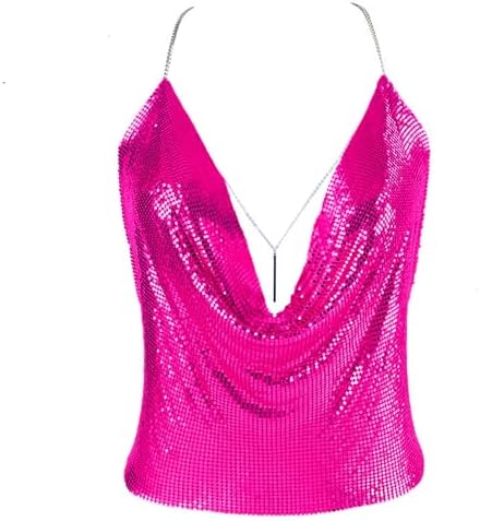 Women Sexy Sparkly Halter Neck Rhinestone Crop Top Deep V Tank Top