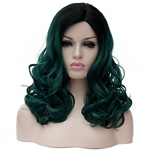 Toptheway Heat Resistant Fashion Medium Wig Women Girls Curly Synthetic Hair 2 Tone Dark Green Black-G3