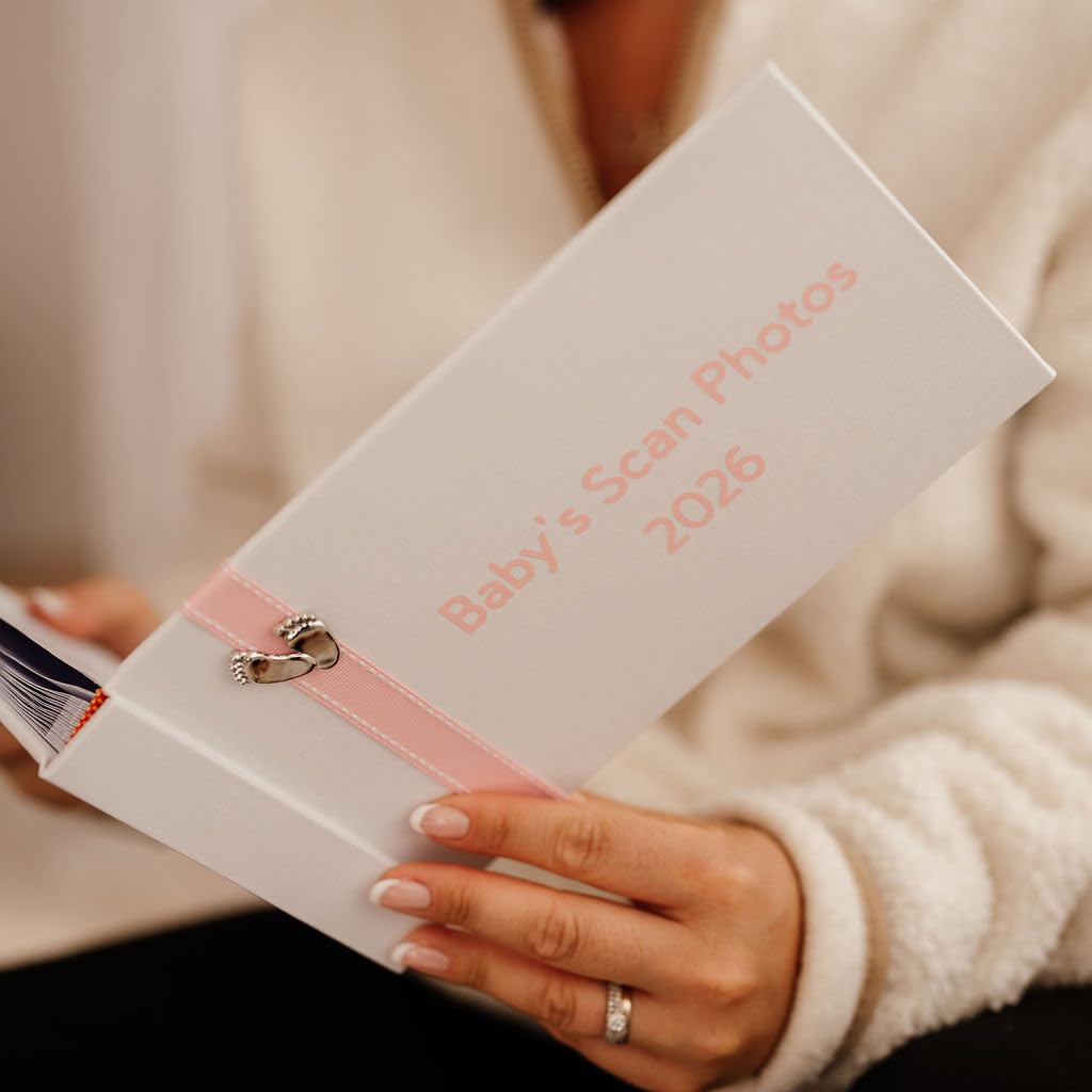 Baby's Scan Photo Album '2026' with Stitched Pink Ribbon & Pewter Baby Feet Design - Pink Ribbon (2026)