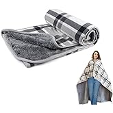 GEMGO Fleece Wearable Blanket Poncho for Women 63 * 55" Plaid Lap Blanket Shawl Wrap Throw Cape with Buttons for Bed Desk Office- Plush Sleeveless for Grandma Gifts