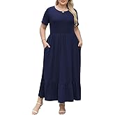 ELifegoo Plus Size Summer Maxi Dress for Curvy Women A-Line Swing T-Shirt Dress with Pockets Casual Everyday Wear ELG002