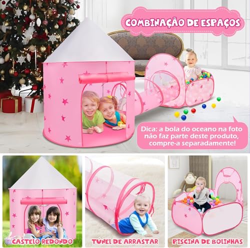 Barraca 3 Em 1 Rosa, Barraca 120*95/Piscina de Bolinha 120*120/Túne 106*47, Acampamento Jogos 3 em 1, Barraca Princesa, Brinquedoteca Casa Ar Livre, Tenda com Piscina de Bolinha（Não Vem com Bolinhas)