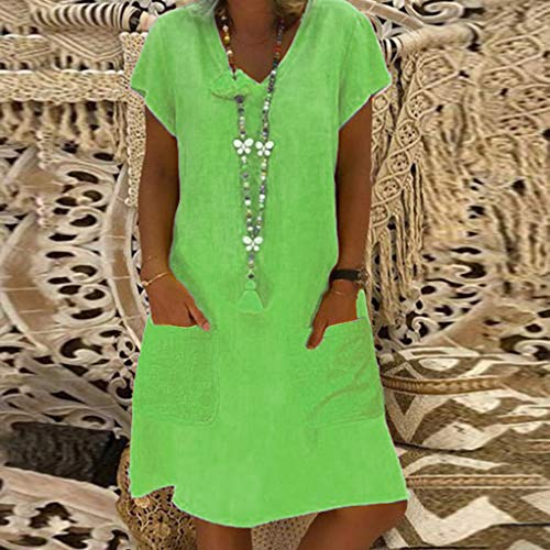 Sharemen Women Cotton Linen Shirt Dress V-Neck Short Sleeve Casual Loose Plus Size Summer Boho Dress(Green,L)