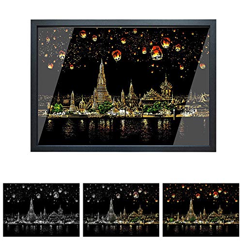Scratch Art Rainbow Painting Paper, Sketch Pad DIY Night View Scratchboard for Kids & Adults, Engraving Art & Craft Set, Scratch Painting Creative Gift, 16'' x 11.2'' with 3 Tools (Chiangmai-Thailand) - Thumbnail 2