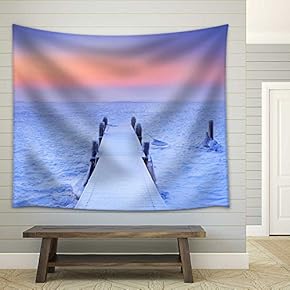 Jetty on a Frozen Lake. Photographed at Sunrise on a Record-Breaking Cold Morning in The Netherlands - Fabric Wall Tapestry Home Decor - 51x60 inches