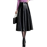 SUNYUESTAR Womens Midi Leather Skirt High Waisted Fall Winter Vintage A Line PU Leather Ruffle Skirt