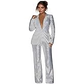 Women's Sequined Fashion Suit Set One Button 2 Piece Wedding Tuxedos Blazer Pants Prom Party Outfit