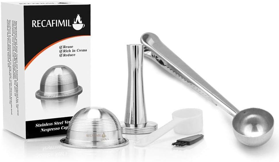 Fancylande Stainless Steel Coffee Capsules Refillable Reusable Coffee Filter Good Filtration Refillable Coffee Capsules Pods for Nespresso Machines with Coffee Capsule Tamper b