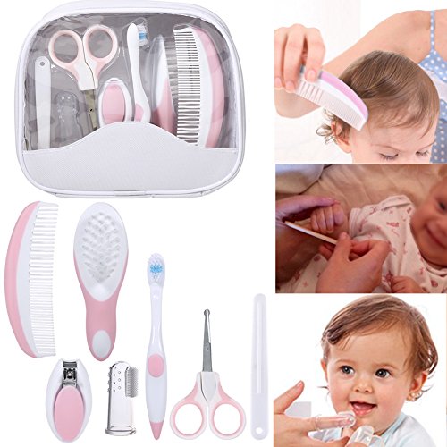 Baby Grooming Kit, 7pcs/Set Safe Hair Comb ToothBrush Nail Clipper Scissors Healthcare Daily Nurse Shower Tool Set with Carry Bag for Unisex Newborn Toddler Infant Girls and Boys Kids (Pink)