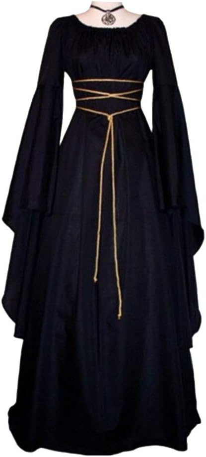 CVERY Women's Medieval Dress, Halloween Gothic Witch Costume, Irregular Long Sleeve Cosplay Maxi Dress, Victorian Crew Neck Long Dresses with Waist Rope