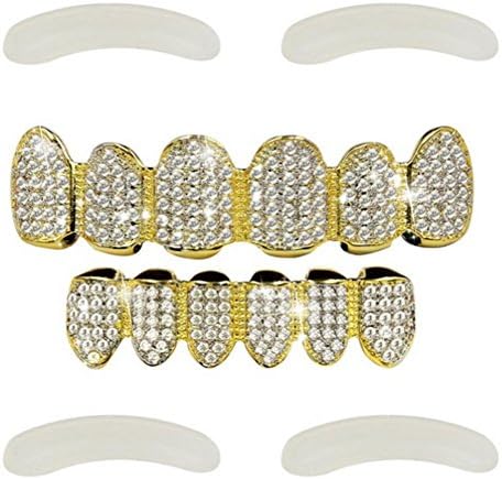 New Custom Fit 24k Gold Plated All Iced Out Luxury AAA Cubic Zircon Teeth Grillz Caps Top &amp; Bottom Grill Set (Flat teeth)