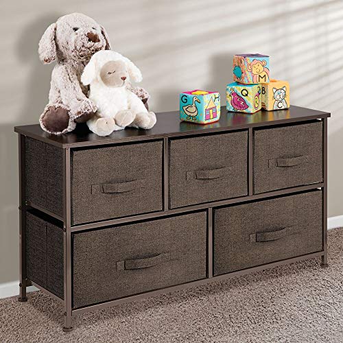 mDesign-Extra-Wide-Dresser-Storage-Tower-Sturdy-Steel-Frame-Wood-Top-Easy-Pull-Fabric-Bins-Organizer-Unit-for-Bedroom-Hallway-Entryway-Closets-Textured-Print-5-Drawers-Espresso-Brown