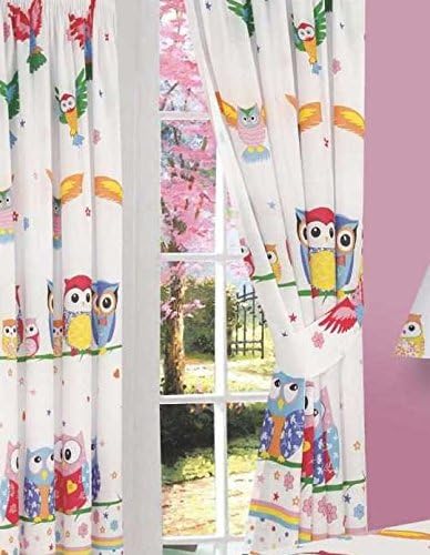 66 Width x 72 Drop Curtains, Owl Love, Flowers Hearts Stars Polka Dot Stripes, White Blue Yellow Orange Pink, With Matching Tie Backs by OWLS