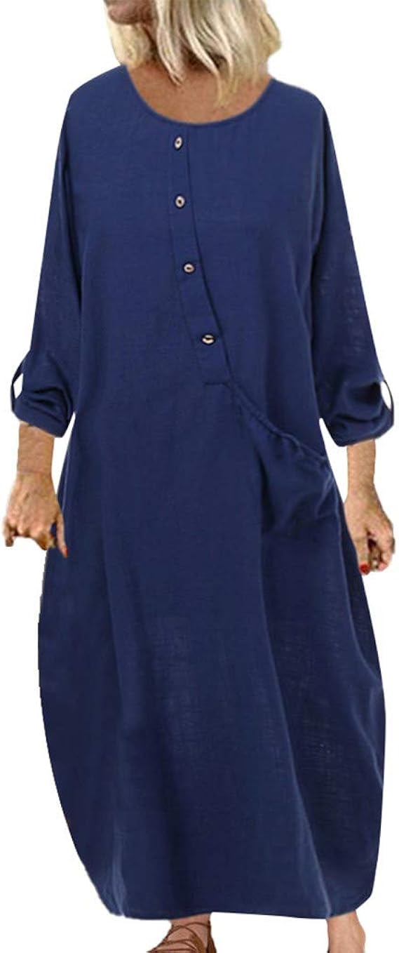 Amazon Co Jp 長袖ワンピース 青いワンピース 婦人服の大きいサイズの女性の復古の丸首のゆったりした長袖のカジュアルなロングスカート 服 ファッション小物