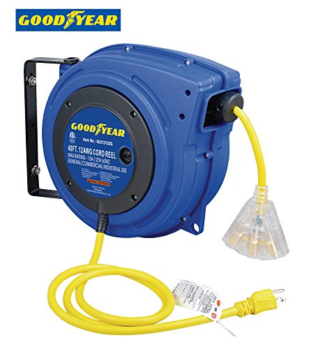Goodyear Extension Cord Reel Heavy Duty, 40 ft., 12AWG/3C SJTOW, Triple Tap with LED Lighted Connector