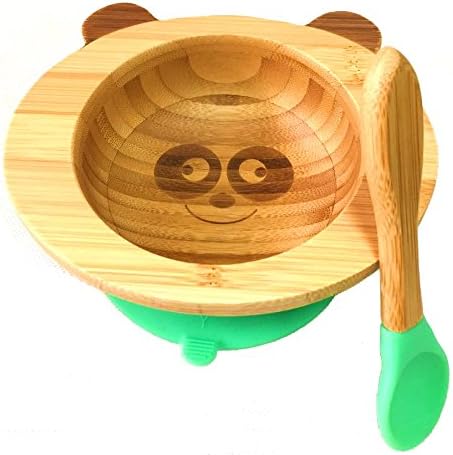 Baby Toddler Silicone Suction Bamboo Bowl Set, Stay Put dinnerware with Spoon (Green)
