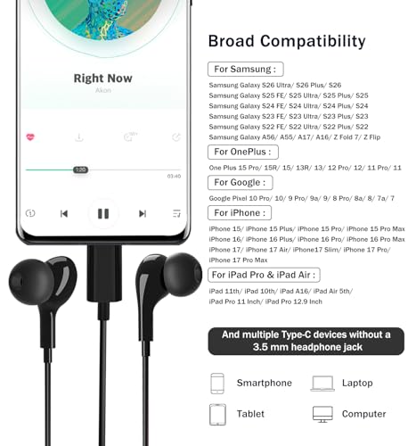 USB C Headphones for Samsung Galaxy S26 Ultra S25 S23 S22 S24 S21 A56 A55 A26 A35 A16 5G Magnetic in-Ear USB C Earbuds with Microphone Type C Earphones for iPhone 15 16 17 Pro Max Pixel 9 8 7 6 Pro