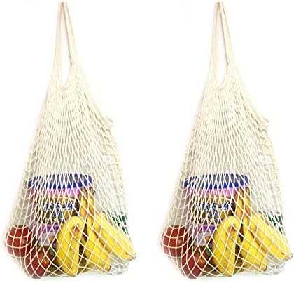 HANLUR 2Pcs Cotton Shopping Tote Ecology Market String Bag Organizer Mesh Bags Grocery Bags (White)