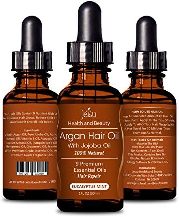 Argan Oil for Hair, EUCALYPTUS MINT Scent - Repair Damaged Hair, Daily Hair Moisturizer, 9 Premium Quality Natural Essential Oils, including Jojoba Oil for Hair. FREE easy to use Dropper.