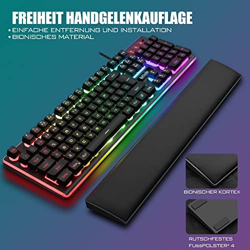 RedThunder K10 Gaming Keyboard and Mouse Set, QWERTZ DE Layout, Metal Plate and Wrist Rest, RGB Backlight and 7D with Ergonomic for PC Gamers (Black)