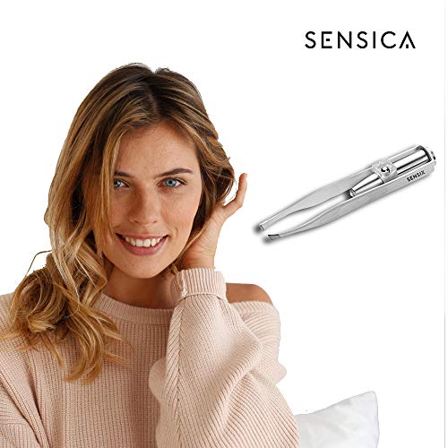 Sensica Lumi Tweezers – Precision Tweezers with Light for Men and Women. Slant tip with Point for a Professional tweezing Experience [Eyebrows, Nose, Lip, Hair Removal] LED Light Stainless Steel