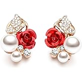 Vacaonio Vintage Red Rose Earrings for Women Romantic Rose Flower Stud Earrings Crystal Pearl Earring Pearl Flower Earring Wedding Bridal Jewelry