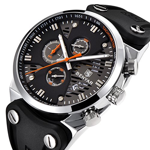 BENYAR 2018 Fashion Waterproof 30M Outdoor Multifunction Sports Chronograph Wrist Watch Calendar Men's Quartz Watches (Silver Orange)