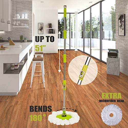 Umien Spin Mop and Bucket System - 360° Self Wringing Spinning Mop with Stackable Bucket On Wheels and 2 Machine Washable Microfiber Mop Heads - Easy to use and Store