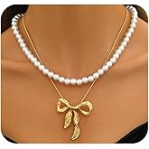 Layered Gold Bow Pearls Choker Necklaces for Women,Vintage Aesthetic Geometric Ribbon Pendant Necklace,Charm Birthday Party Jewelry Accessories Gifts