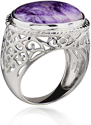 Sterling Silver Oval Shaped Charoite Fancy Filigree Solitaire Ring