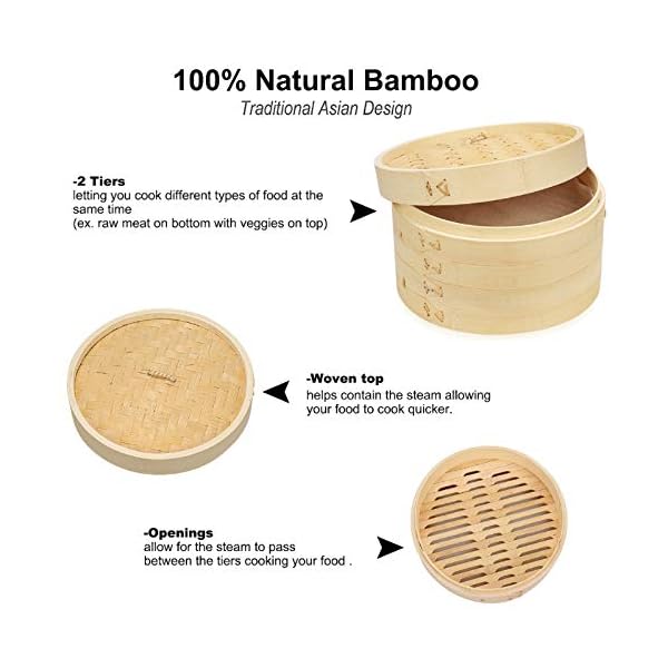 Handmade-Bamboo-Steamer-10-Inch-Bamboo-Steam-Basket-Round-Bao-Bun-Steamer-Double-Layer-Dumpling-Steamer-2-Tier-with-Lid-Chinese-Style-Steamer-Healthy-Cooking-for-VegetablesDim-SumMeat-Fish Handmade Bamboo Steamer, 10 Inch Bamboo Steam Basket, Round Bao Bun Steamer, Double-Layer Dumpling Steamer, 2 Tier with…