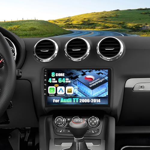 CAMECHO [Qualcomm 8-Core] Android 15 Car Radio for Audi TT 8J MK2 2004-2018, 4+64G Navi Wireless Carplay DSP, 9" Touch Screen Radio Android Auto WiFi RDS/FM Bluetooth Link Mirror+Rear View Camera