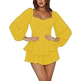 LYANER Women's Jumpsuit Lantern Long Sleeve Ruffle Layer Tie Mini Short Romper