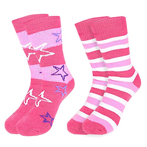 HOT FEET Kids Thermal Socks – Warm Winter Socks for Boys & Girls, Cozy & Insulated, Thick Heated Sock 2 Pack, shoe size 2-6, Pink Star and Pink Stripe
