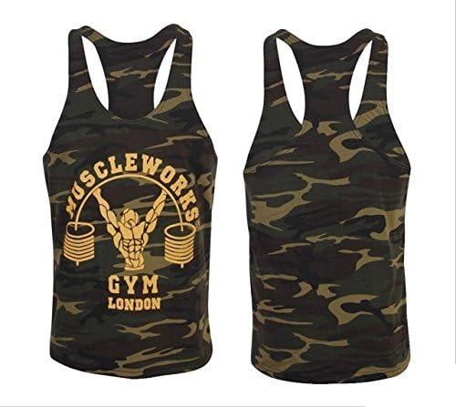 Muscle Works Gym Mens Green Camoflague Stringer Vest Gym Tank Top Training Vest Worlds Gym