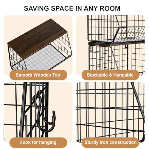 Gaethra 2 Pieces Kitchen Fruit Bowls 30 x 16.5 x 20 cm Removable and Foldable with Banana Hook and Wooden Lid Fruit Basket Rack Baskets for Fruits, Organize Kitchen and Store Vegetables (Black)