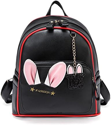 LOYOMA Cute Rabbit School Backpack for Girls Cartoon PU Daypack (Black)
