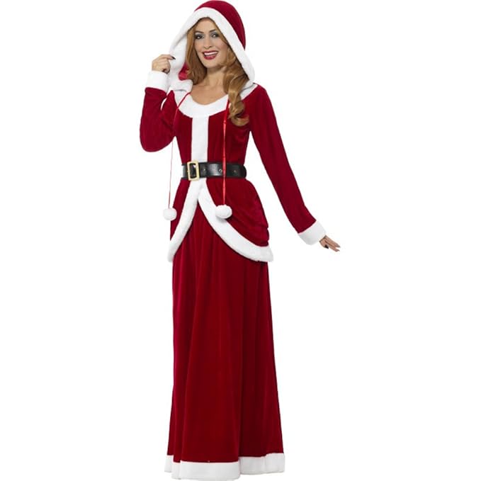 Smiffys, Damen Deluxe Miss Santa Claus Kostüm, Kleid mit Kapuze und Gürtel, Größe: 48-50(XL), 48203
