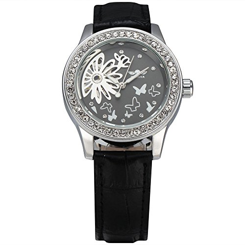 WINNER Watches Women Skeleton Hand Wind Mechanical Genuine Leather Band Ladies Diamond Casual Wristwatch