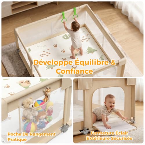 KUQAZ Beige Parc Bebe avec Tapis - 150x150cm Parc Enfant Sécurisé, Aire de Jeu Carrée en Tissu Oxford, Filet Respirant 360°, Structure Stable avec Puissantes Ventouses et 4 Anneaux