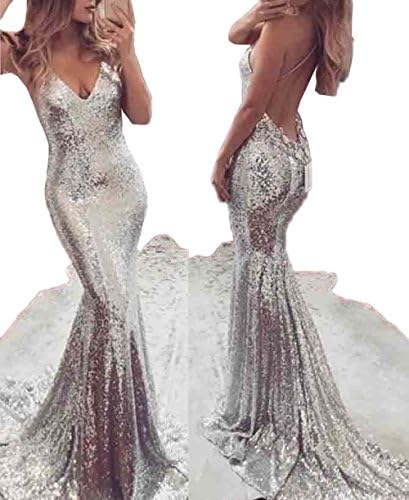 USGreatgorgeous Women Silver Sequined Long Mermaid Spaghetti Straps V Neck Backless Prom Cocktail Gown Evening Dress (S)